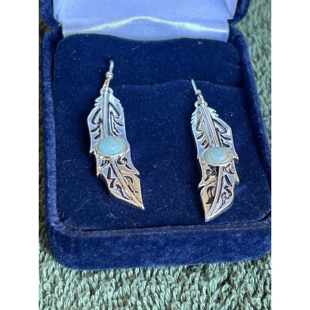 Montana Silversmiths Silver Feather Dangle Earrings With Turquoise Boho Western